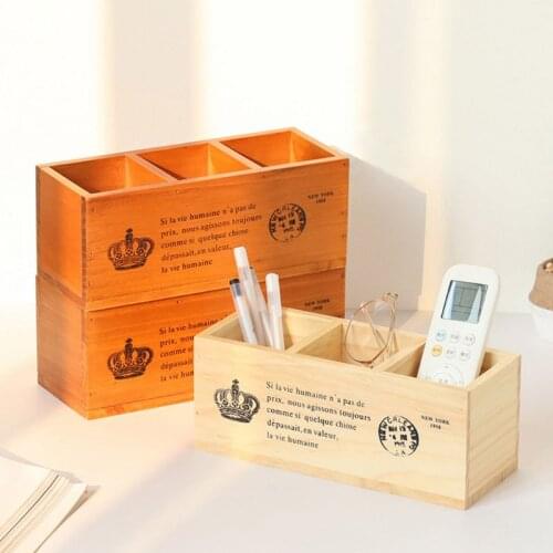 Rectangular Retro Wooden TV Remote Control Pen Phone Holder 3 Grid Organizer Box