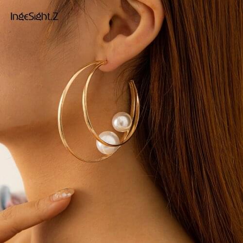 IngeSight.Z Korean Double Layered Geometric Half Moon Hoop Earrings for Women Punk Imitation Pearl Earrings Girls Jewelry Bijoux