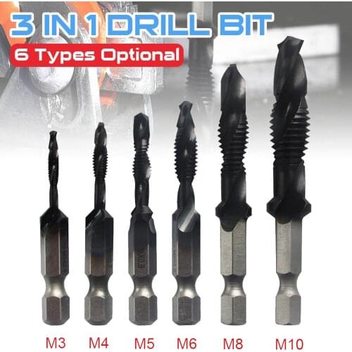 Titanium Coated HSS Drill Bit Combination Drilling/Tapping/Countersinking Bit with 1/4" Hex Shank, M3 to M10