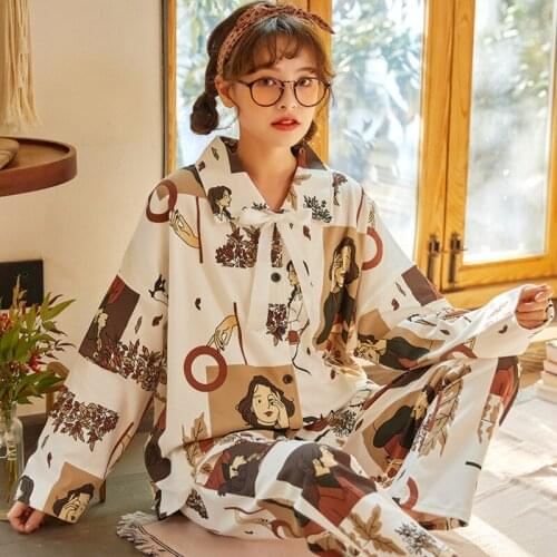 Spring And Autumn Girl Pajamas Household Cartoon Turn Colar Relax Set