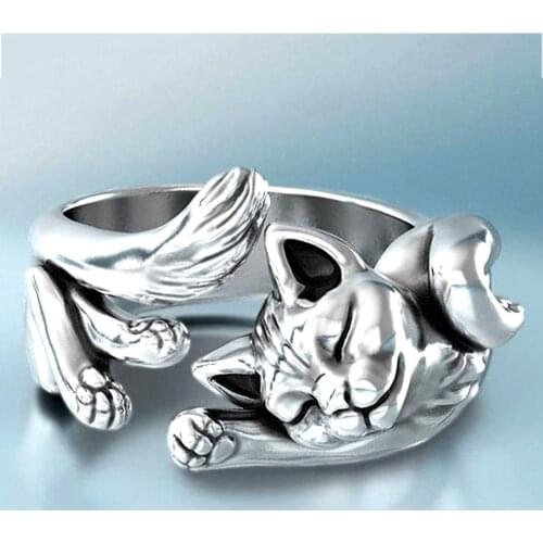 Vintage Unisex Sleeping Cats Silver Plated Opening Finger Ring Jewelry Gift
