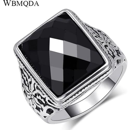 Wbmqda Hot Square Black Stone Men Rings Filled Silver Color Lucky Pattern Wedding Ring Vintage Jewelry Drop Shipping