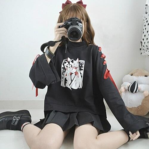YGhan Japanese Fleece Pullover Sweatshirt Harajuku Cartoon Print Women Hoodie Loose Long Sleeve Stand Neck Bat Short Tops
