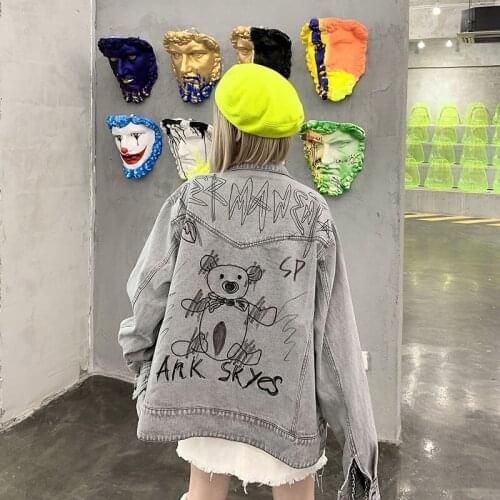 Harajuku Letter Print Gray Denim Jacket Women Autumn 2021 New Fashion Loose Oversized Couple Mujer Chaqueta Casual Jean Jacket