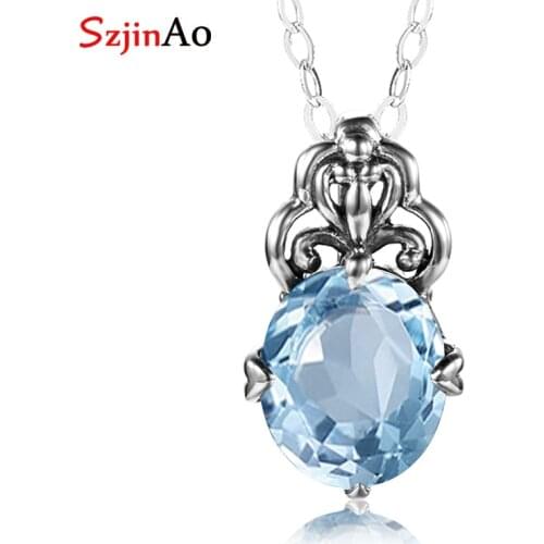Szjinao Sterling Silver Pendant Aquamarine Handmade Women Fine Jewelry Gemstone Vintage Famous Brand Party Costume Accessories