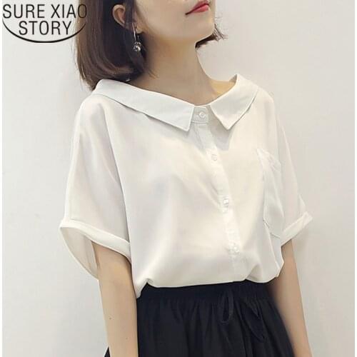 2021 Summer New Korean Style Doll Collar Hipster Shirt Loose Slim Fit Short Sleeve Chiffon Blouse Women Fashion Blusas 8918 50