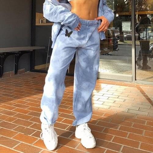 Butterfly Print Women Joggers Trousers Casual Tie Dye Sweatpants Women Blue Baggy Elastic Wasit Harem Pants Streetwear