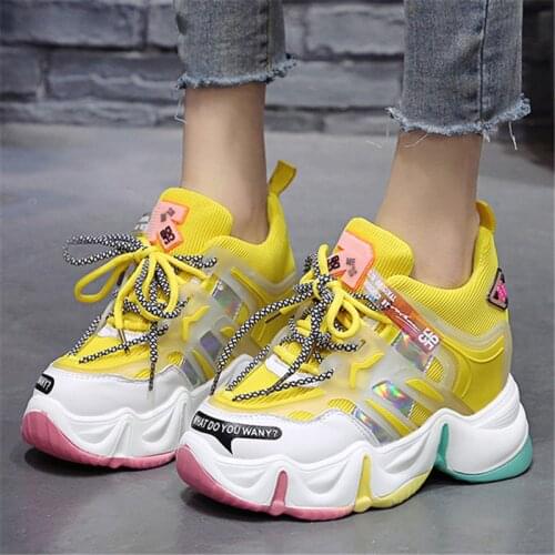 New Teen Girls White Platform Wedge Sport Shoes Chunky Openwork Mesh Women Increased Internal Shoes Ladies Comfy Rainbow Sneaker