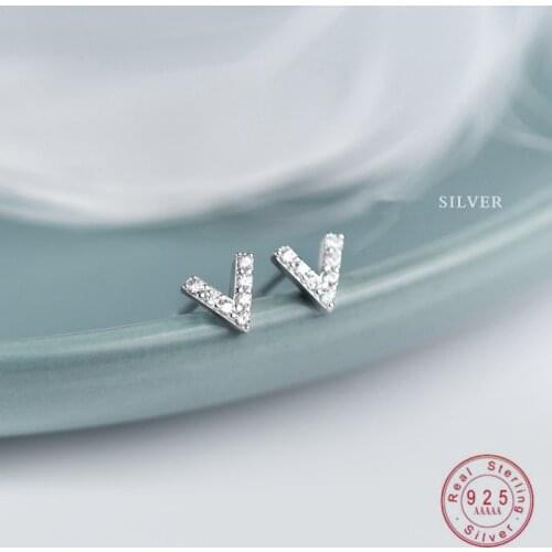 WANTME Simple Cute 100% 925 Sterling Silver Letter V Shape Stud Earrings for Women Girls AAA Cubic Zirconia Korean Jewelry Gift