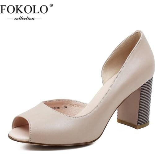 FOKOLO 2020 New Womens Pumps Peep Toe Sheepskin Classics Heel Shoes Summer Fashion Genuine Leather Ladyies Sandals Handmade GC3