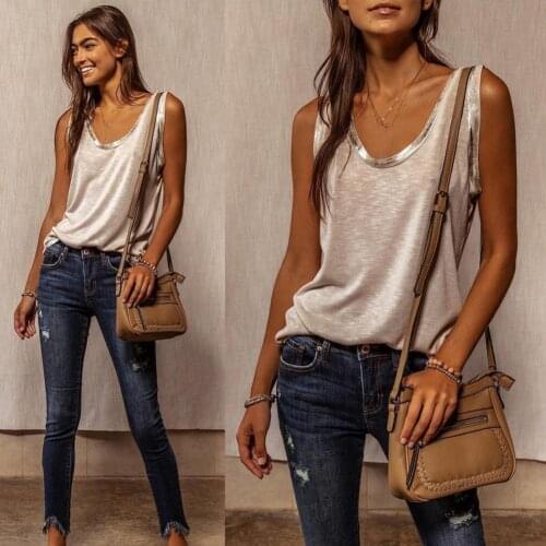 2021 Newest Women Vest Sleeveless Loose Blouse Female O Neck Gold Stamping Neckline Tank Top for Spring/Summer