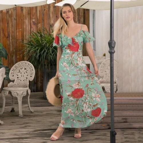 Women Flower Print Chiffon Dress Short-sleeved Elegant Sling Long Dress Ladies Spring Summer Dresses