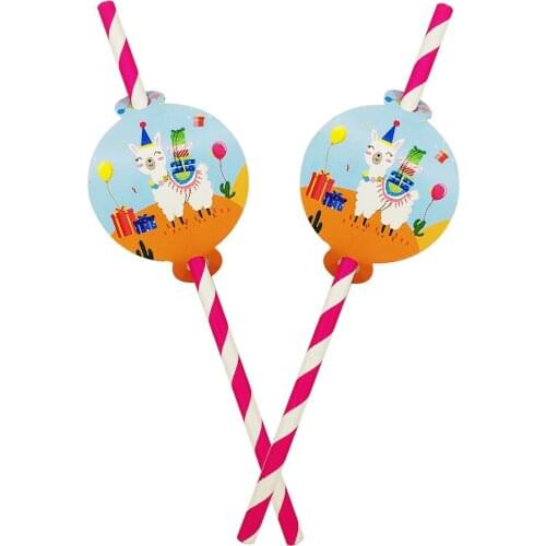 12pcs Disposable Biodegradable Paper Straw Tube For Boy Kid Llama Alpaca Theme Birthday Party Supplies