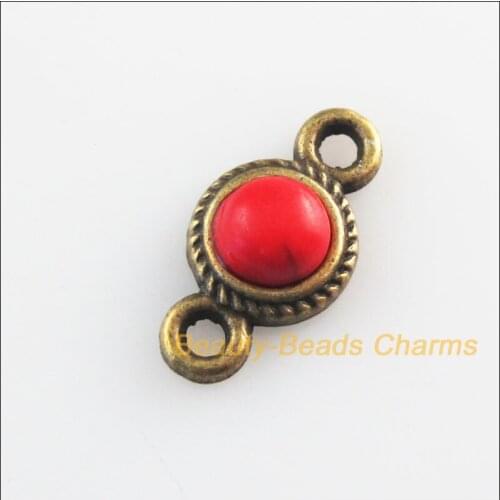 25 New Charms Round Red Stone Antiqued Bronze Connectors Retro 8.5x16mm
