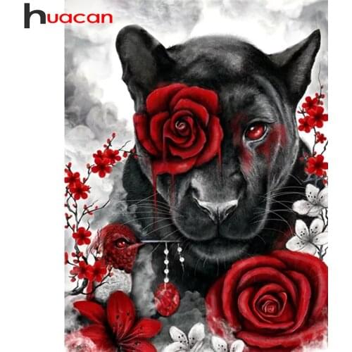 Huacan Diy Diamond Painting Black Leopard Mosaic Red Rose Home Decor Embroidery Cross Stitch Animal Flower Diamond Art