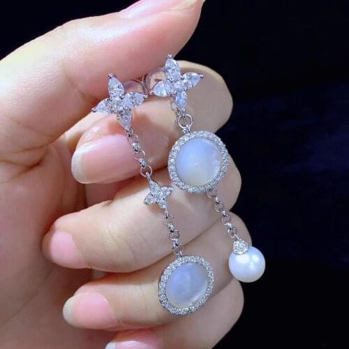 Asymmetry earring natural sea shell and fresh water pearl drop earring 925 sterling silver with cubic zircon star fine jewelr