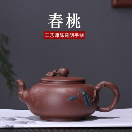 Large tea undressed ore pile of purple clay painted flowers carved pure manual spring peach pot wholesale agents