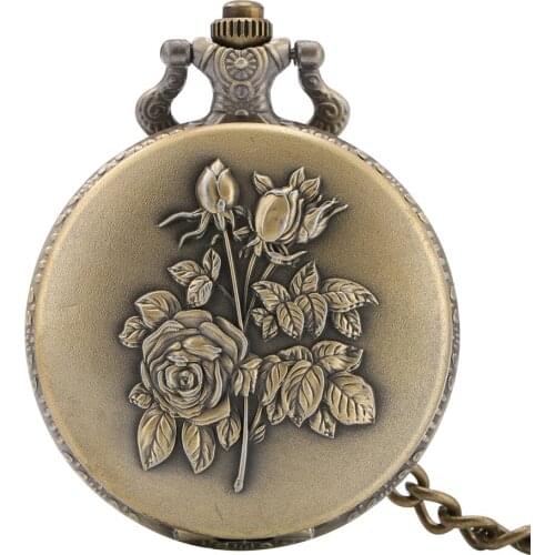 Antique Bronze 3D Rose Design Quartz Pendant Pocket Watch 30 cm Fob Chain Full Hunter Antique Pocket Clock Gifts Men Women