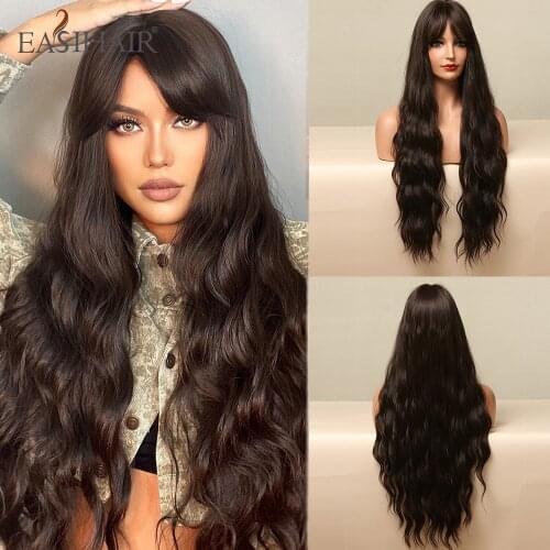 EASIHAIR Long Black Wave Synthetic Wigs with Side Bangs Heat Resistant Wigs for Women Daily Use Party Cosplay Natural Faker Hair