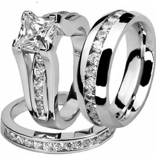 His and Hers Women Fashion Jewelry Princess Cut White Gold&Stainless Steel 5A White CZ Zirconia Wedding Band Men Couple Ring Set