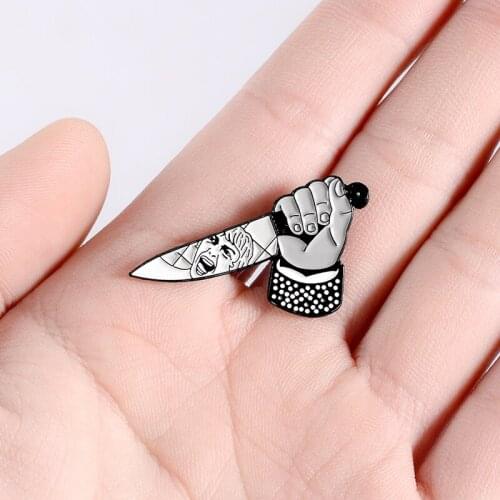 Dark bloody hand holding a dagger Enamel brooch Scary screaming face Personality Weapon Crazy killer badge