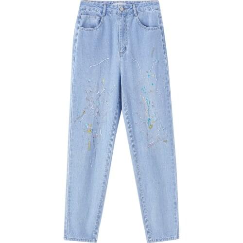 INMAN Female Washed Jeans Splash Paint Individual Design Straight Slim Artistic Literary Elegant Style Denim Trousers