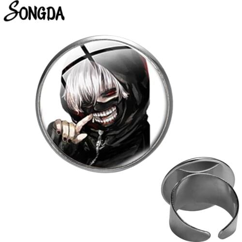 Classic Anime Tokyo Ghoul Ring Kaneki Ken Cartoon Printed Glass Dome Metal Rings for Children Halloween Party Gift Fans Souvenir