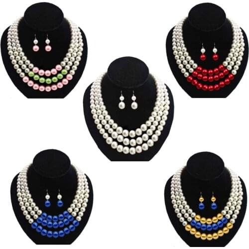 Custom Multi layers Pearl Beads Women Necklace Earring Jewelry Set Three Strands Pink Green beaded Pearl Necklace