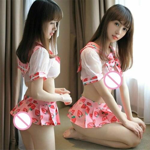Cosplay Costume School Girl Uniform Outfit Sexy Kawaii Lingerie Set Outfit Cute Sailor Dress Lolita Strawberry Printed