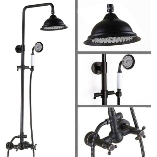 Black Oil Rubbed Brass Dual Cross Handles Bathroom 8 Inch Round Rain Shower Faucet Set Bath Mixer Tap Hand Shower mrs411