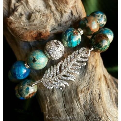 Seidiment Jaspers Beads Micro Pave Feather Charm and Pvae Ball Bracelets set SE22712
