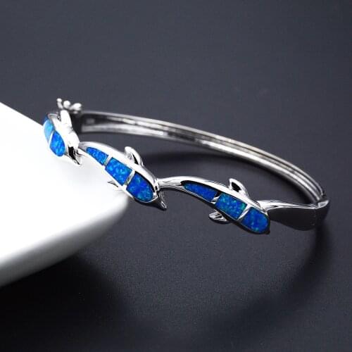 Cute Jumping Dolphin Blue / White Fire Opal Cuff Bangle Bracelets For Lady
