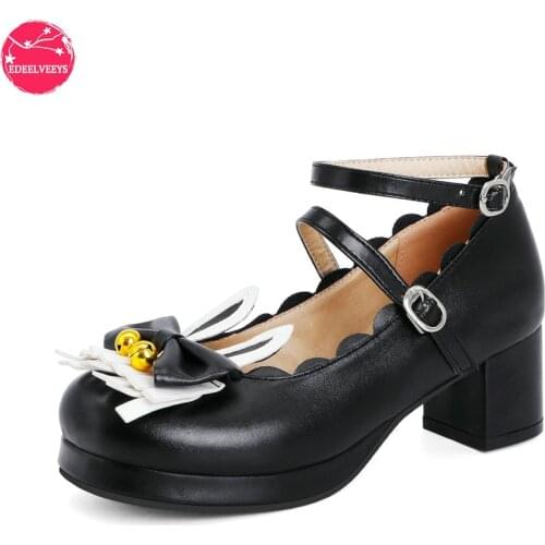 Women Plus Size Rabbit Ears Shoes Girls Lolita Leather Pumps Single Platform High Heel Student Party with Tassel Golden Bells