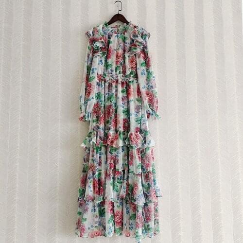 Spring 2021 runways floral print ruffles long sleeves dress High quality womens elegant Chiffon dress A190