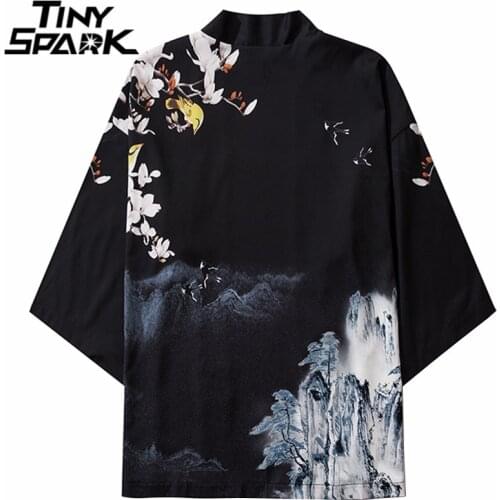 Japanese Kimono Jacket Mountain Painting Print 2020 Men Harajuku Streetwear Jacket Coat Casual Thin Gown Japan Style