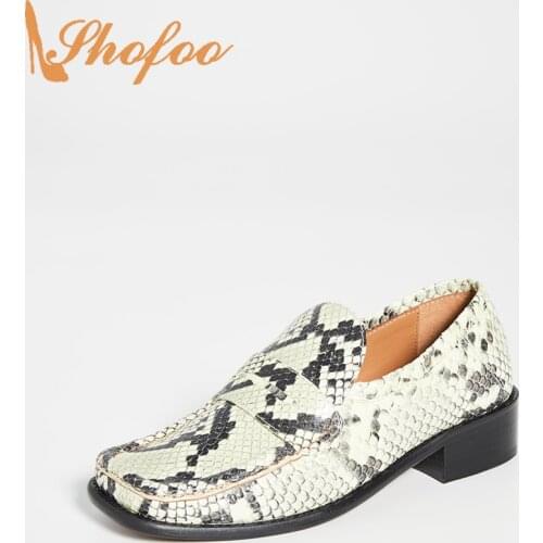 Lime Green Snake Print Med Chunky Heels Square Toe Pumps Woman Loafers Ladies Fashion Office Mature Shoes Big Size 14 15 Shofoo