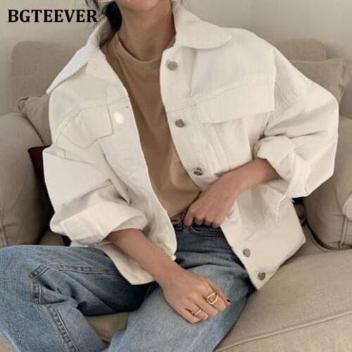 BGTEEVER Casual Loose Turn-down Collar Women Jeans Jackets 2021 Autumn Stylish Single-breasted Pockets Female Denim Coats