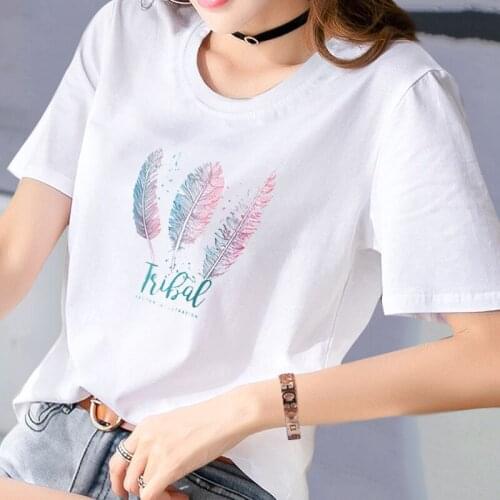 2021 Summer Feather Daisy pattern Short Shirt For Woman Kawaii Geometry Printed casual top T shirt For Lady Loose Clothing