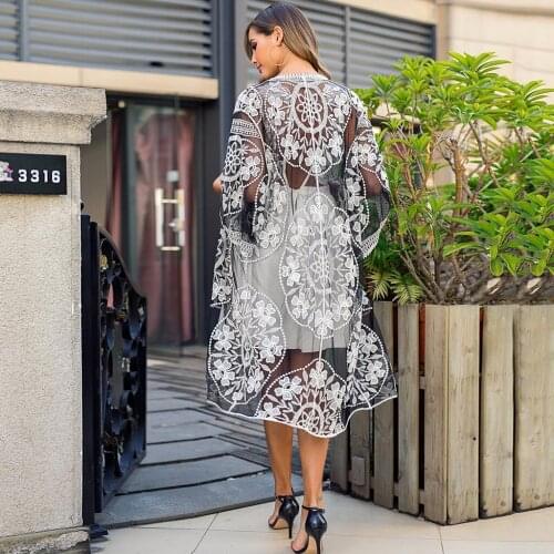Ladies Beach Cover Up Outing Transparent Pareo Bechwear Embroidery Beach Tunics Femme Long Bikini Cover Up Vestidos Black 2020