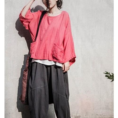 Women Loose Vintage Ripped Pocket Blouse Ladies Loose Retro Solid Color Plus Size Tops Shirt Female Oversize Shirt 2020