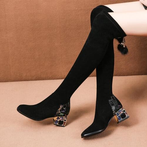 Womens Winter High Boots Rhinestone Knee High Gladiator Boots Woman Black Thick Heels Boots Russian Sexy Shoes Botas Mujer