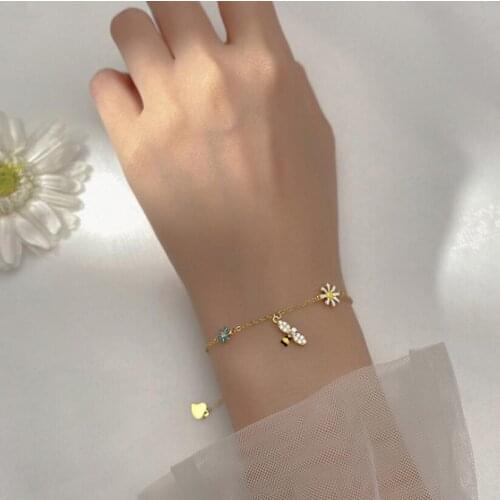 Real 100% 925 Sterling Silver Clear CZ Lovely Bee Bangle Colorful Romantic Daisy Flower Charm Bracelet for Women Fine Jewelry