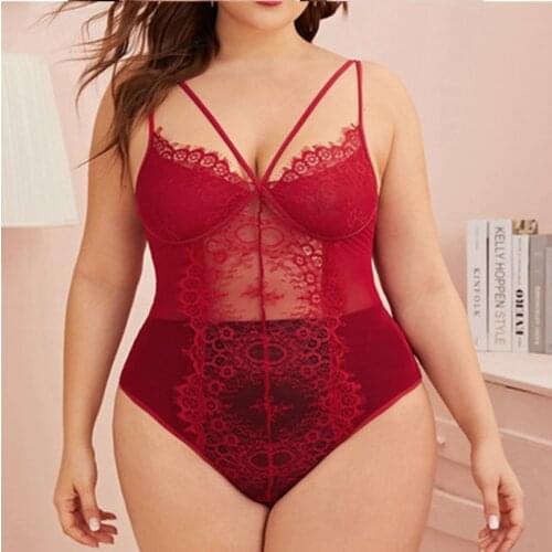 Plus Size Ladies Sexy Lingerie Fashion Straps Lace Up Bodysuit Women Tempting Mesh One-Piece Jumpsuit Lingerie érotique