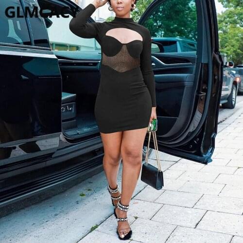 Women Long Sleeve Mesh Insert Bodycon Party Club Mini Dress