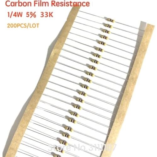 200PCS/LOT 33K ohm 1/4W Carbon Film Resistors 5% Error Color Ring Resistance 33K Ohm 33KR