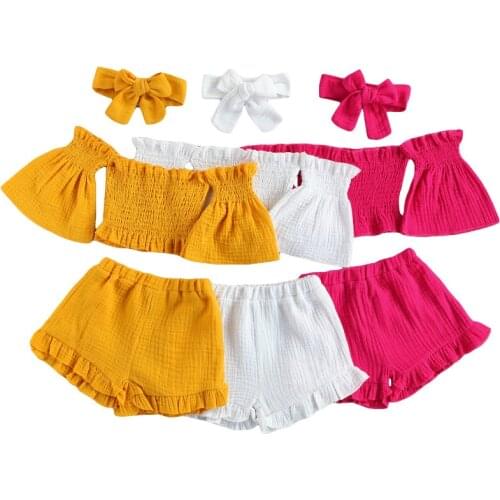 2021 1-6Y Infant Baby Girls Clothing Off Shoulder Flare Sleeves Boat Neck Pleated Crop Tops+Ruffle Shorts+Bowknot Headband 3pcs