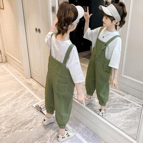 5-14Years Teenager Girls Summer Casual Style Cotton White T-Shirt+Overall Suspender Solid Korean Fashion Children Clothing Set