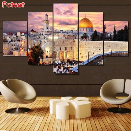 5 Panel Diamond Embroidery Jerusalem Modular Pictures Islam Islamic City diamond painting full Square/Round Diamonds PP2171