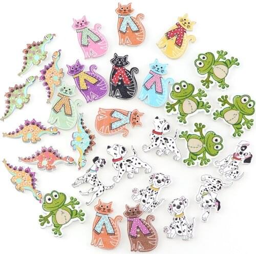 50PC Wooden Buttons Mix Animals Frog Cat Dog Dinosaur Sewing Accessories 2 Holes Wood Decorative Scrapbooking Sewing Buttons