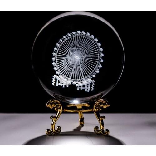 6CM Crystal 3D Ball Ornaments Laser Engraved Quartz Glass Sphere Ferris Wheel Model Home Decorative Miniature Gifts Figurine